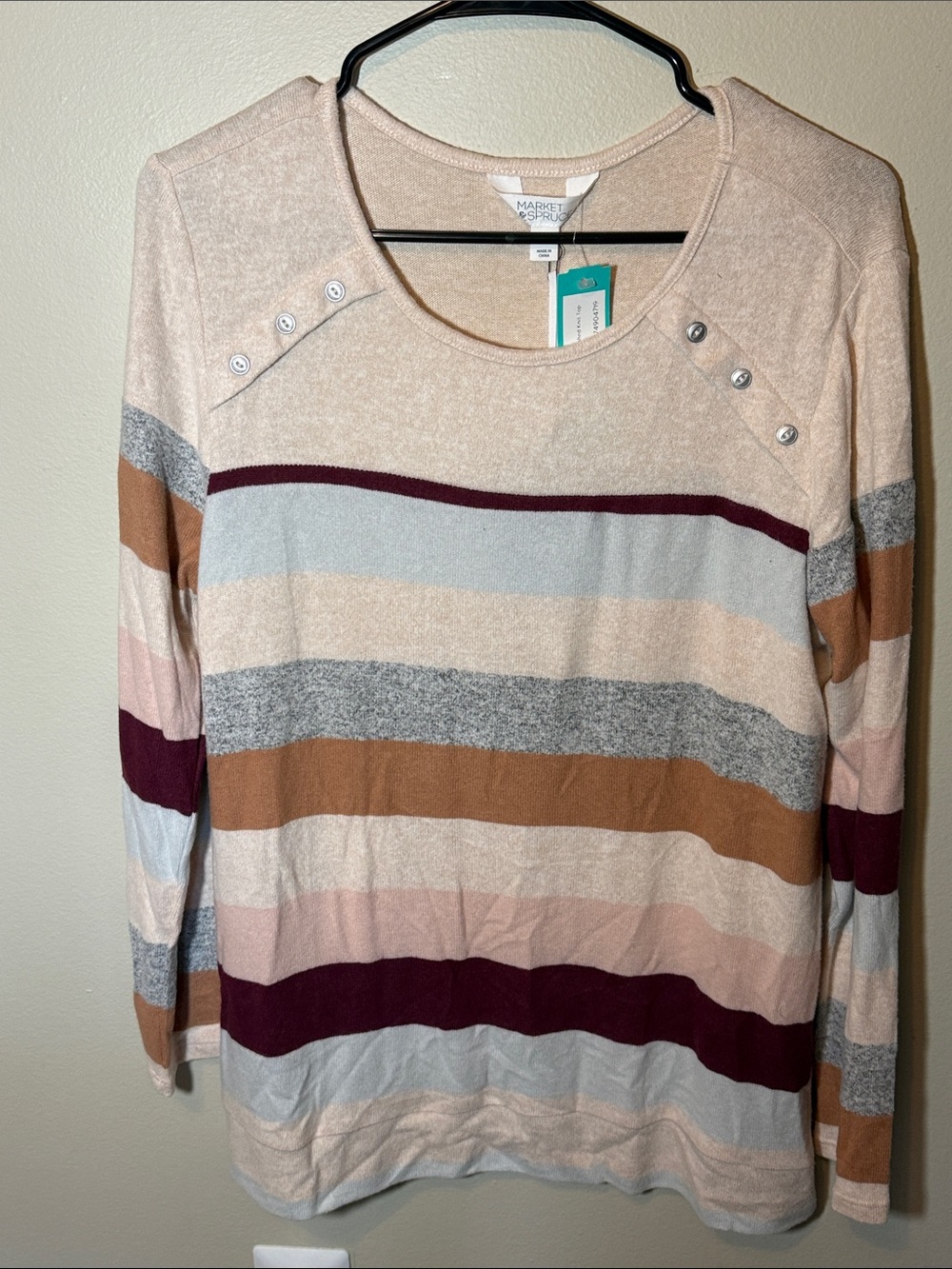 Market & Spruce Striped Crew Neck Sweater in Cream, Tan, Gray & Burgundy